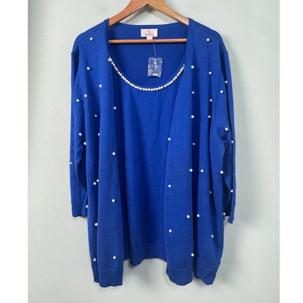 Quacker Factory Royal Blue Pearl Embellished 2 Piece Cardigan Shell Set 3X NEW